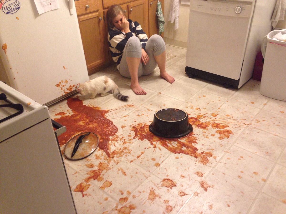 spilled spaghetti sauce kitchen emergency - Five What-Not-to-Do’s When Cleaning